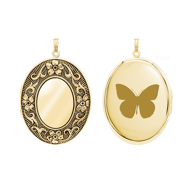 Antique Finish Embossed Oval Locket in 14K Gold Filled with Optional Engraving (29 x 23 mm - 48 x 39 mm)