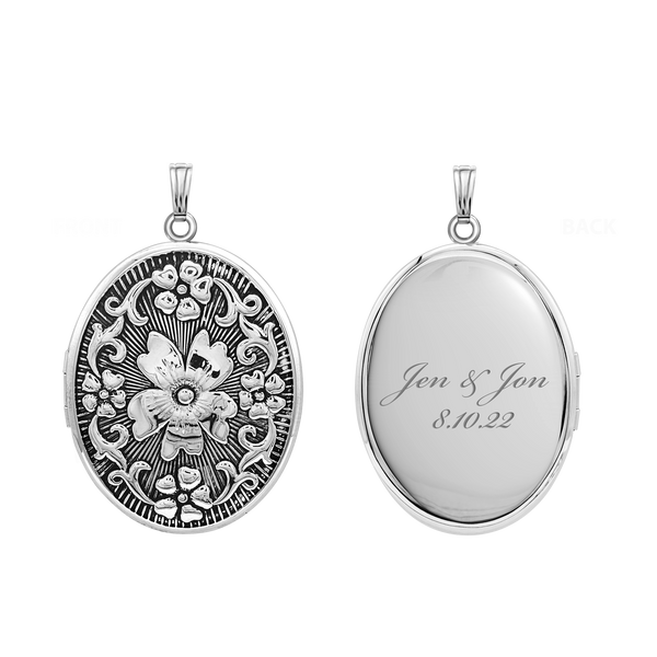 Antique Finish Embossed Oval Locket in Sterling Silver with Optional Engraving (37 x 30 mm)