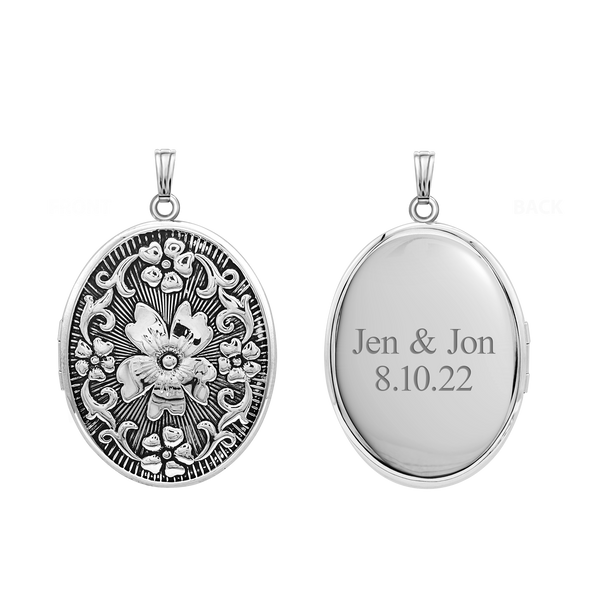 Antique Finish Embossed Oval Locket in Sterling Silver with Optional Engraving (37 x 30 mm)