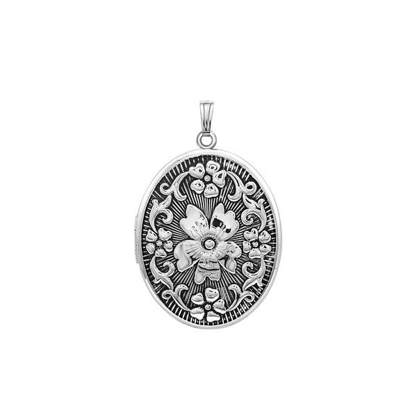 Antique Finish Embossed Oval Locket in Sterling Silver with Optional Engraving (37 x 30 mm)