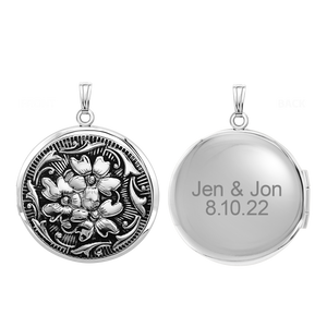 ITI NYC Antique Finish Embossed Round Locket in Sterling Silver with Optional Engraving (41 x 32 mm)