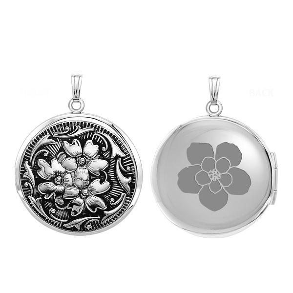 Antique Finish Embossed Round Locket in Sterling Silver with Optional Engraving (32 mm)