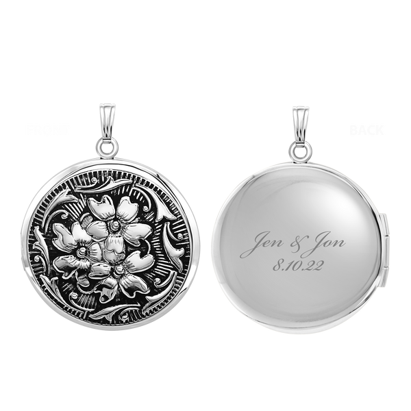 Antique Finish Embossed Round Locket in Sterling Silver with Optional Engraving (32 mm)