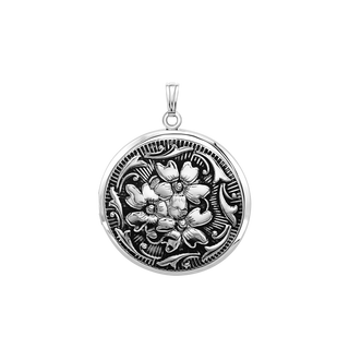 Antique Finish Embossed Round Locket in Sterling Silver with Optional Engraving (32 mm)