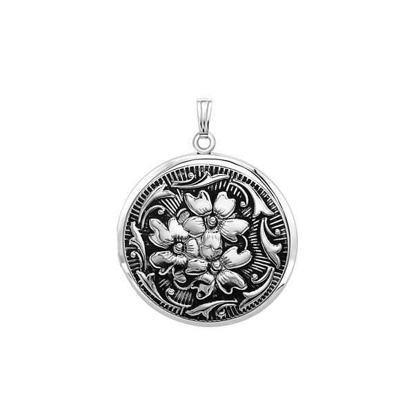 Antique Finish Embossed Round Locket in Sterling Silver with Optional Engraving (32 mm)