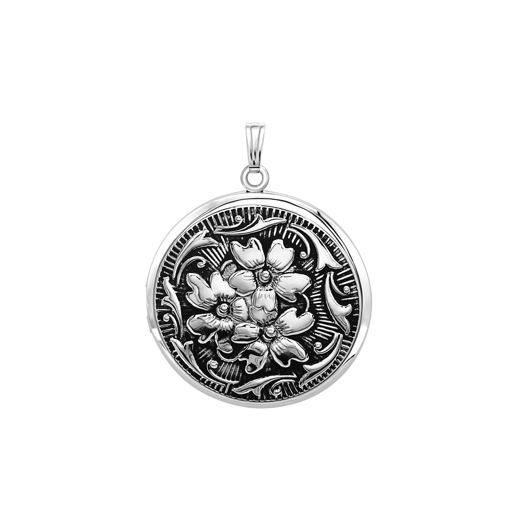 ITI NYC Antique Finish Embossed Round Locket in Sterling Silver with Optional Engraving (41 x 32 mm)