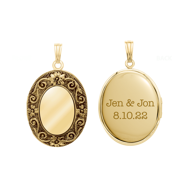 Antique Finish Embossed Oval Locket in 14K Gold Filled with Optional Engraving (29 x 23 mm - 48 x 39 mm)