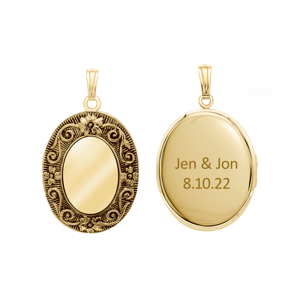 Antique Finish Embossed Oval Locket in 14K Gold Filled with Optional Engraving (29 x 23 mm - 48 x 39 mm)