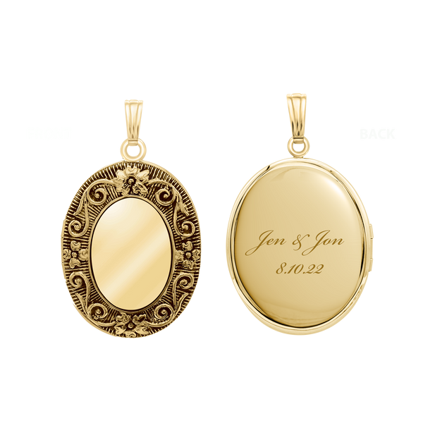 Antique Finish Embossed Oval Locket in 14K Gold Filled with Optional Engraving (29 x 23 mm - 48 x 39 mm)