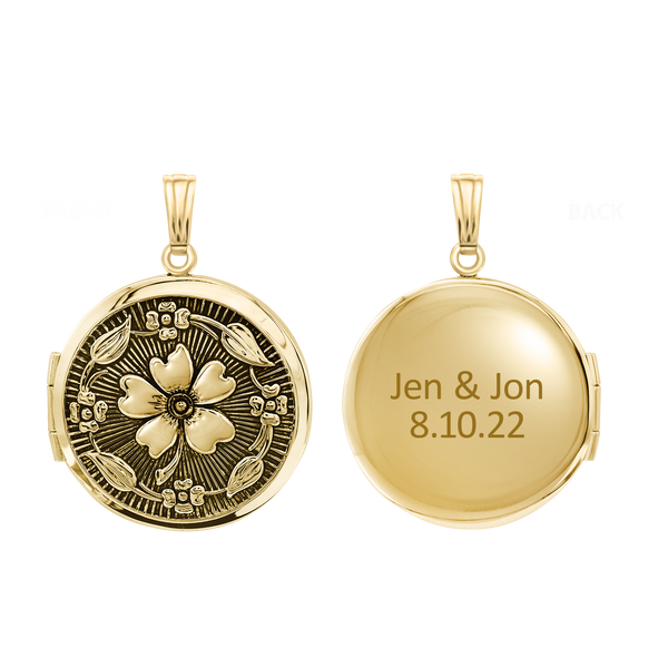 ITI NYC Antique Finish Embossed Round Locket in 14K Gold Filled with Optional Engraving (31 x 23 mm)
