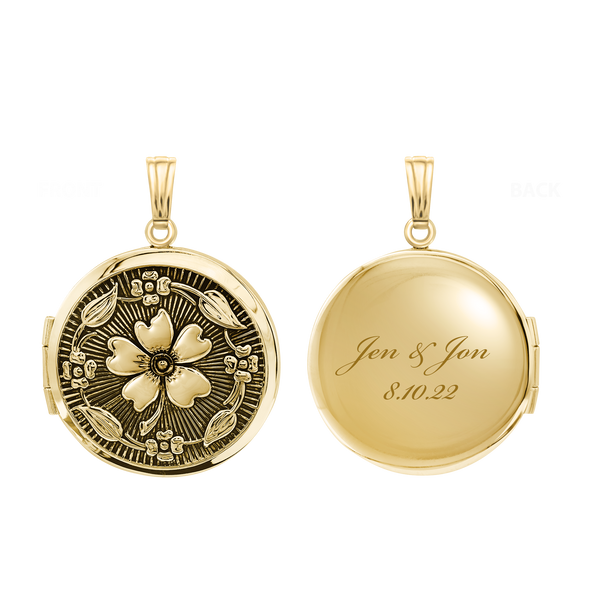 ITI NYC Antique Finish Embossed Round Locket in 14K Gold Filled with Optional Engraving (31 x 23 mm)