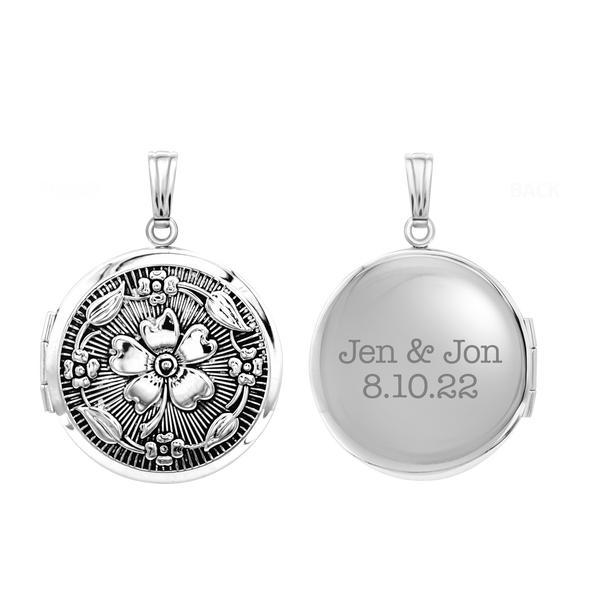 Antique Finish Embossed Round Locket in Sterling Silver with Optional Engraving (23 mm)