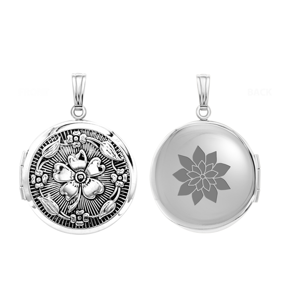 Antique Finish Embossed Round Locket in Sterling Silver with Optional Engraving (23 mm)
