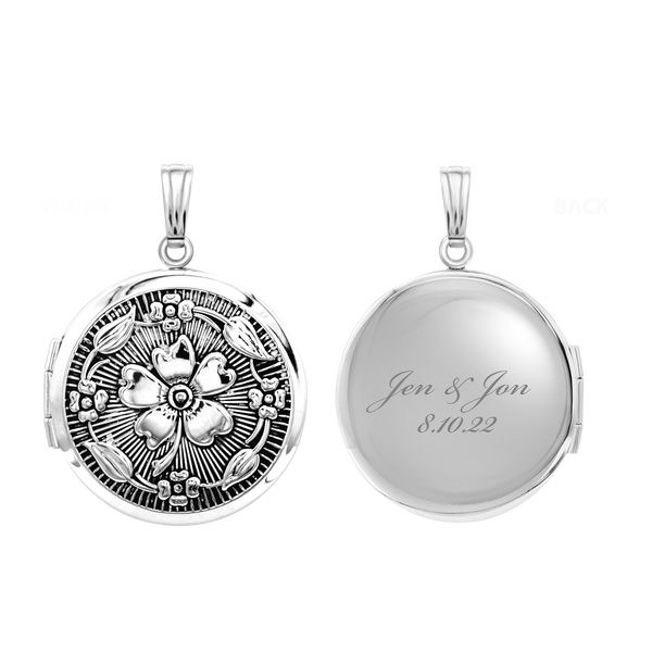 Antique Finish Embossed Round Locket in Sterling Silver with Optional Engraving (23 mm)