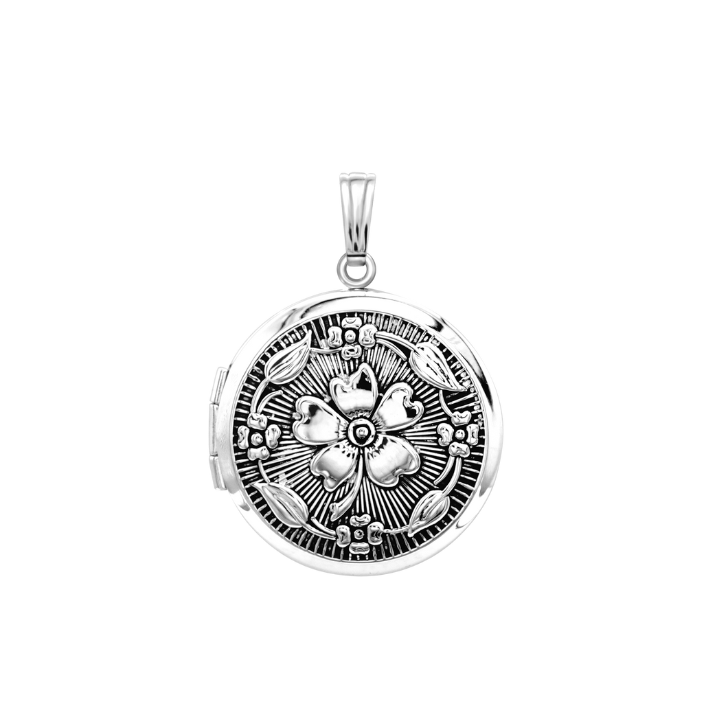 ITI NYC Antique Finish Embossed Round Locket in Sterling Silver with Optional Engraving (32 x 24 mm)