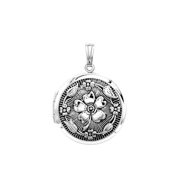 Antique Finish Embossed Round Locket in Sterling Silver with Optional Engraving (23 mm)