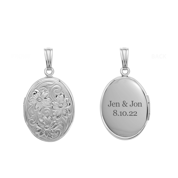 Embossed Oval Locket in Sterling Silver with Optional Engraving (21 x 16 mm)