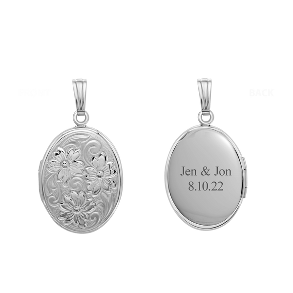 Embossed Oval Locket in Sterling Silver with Optional Engraving (21 x 16 mm)