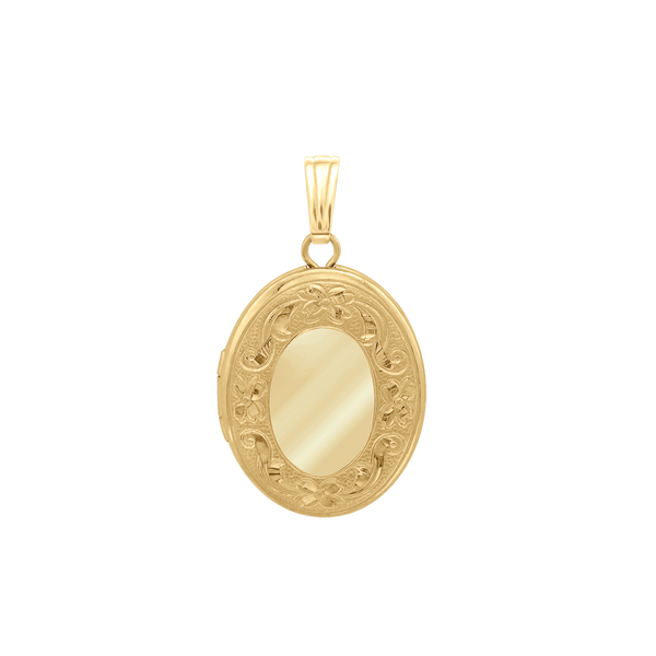 Hand Engraved Design Oval Locket in 14K Gold Filled with Optional Engraving (16 x 14 mm)