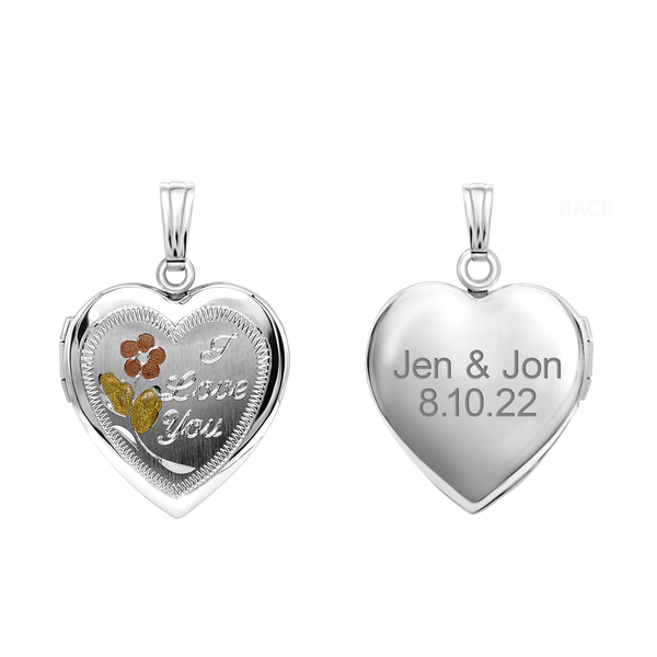 Tri-Color & Hand Engraved Design Heart Locket in Sterling Silver with Optional Engraving (19 mm)