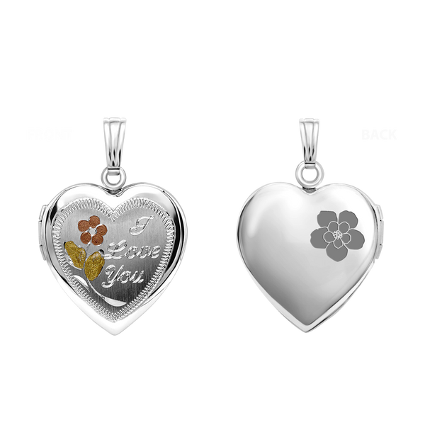 Tri-Color & Hand Engraved Design Heart Locket in Sterling Silver with Optional Engraving (19 mm)