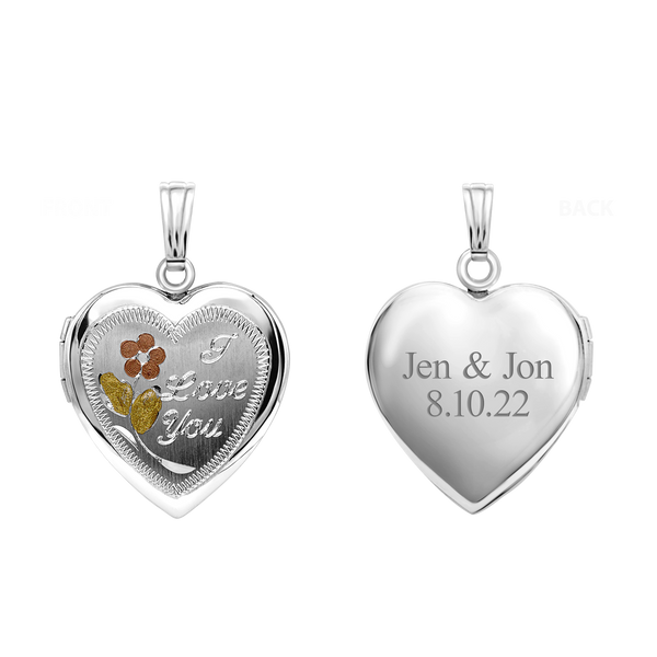 Tri-Color & Hand Engraved Design Heart Locket in Sterling Silver with Optional Engraving (19 mm)