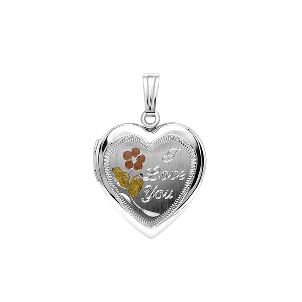 Tri-Color & Hand Engraved Design Heart Locket in Sterling Silver with Optional Engraving (19 mm)