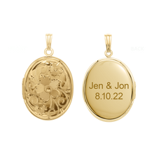 Load image into Gallery viewer, ITI NYC Hand Engraved Design Oval Locket in 14K Gold Filled with Optional Engraving (38 x 23 mm)
