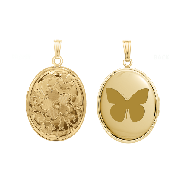 Hand Engraved Design Oval Locket in 14K Gold Filled with Optional Engraving (29 x 23 mm)