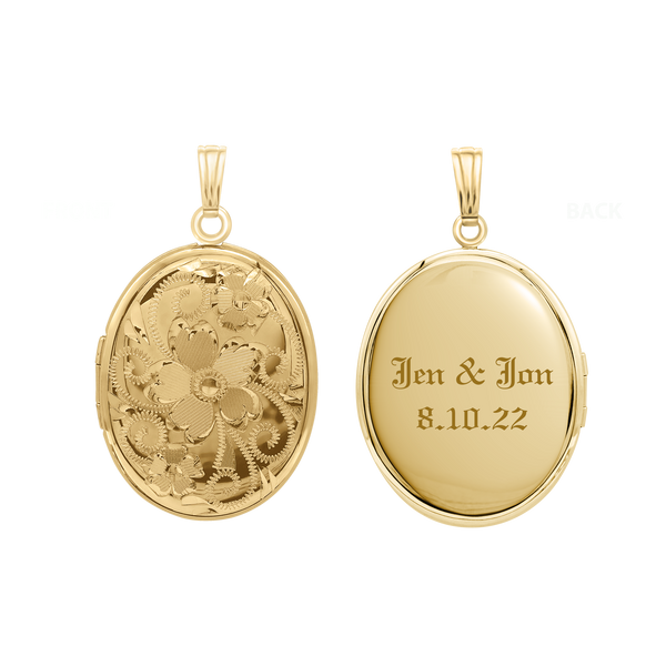 Hand Engraved Design Oval Locket in 14K Gold Filled with Optional Engraving (29 x 23 mm)
