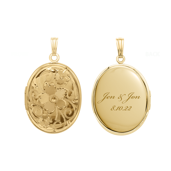 Hand Engraved Design Oval Locket in 14K Gold Filled with Optional Engraving (29 x 23 mm)