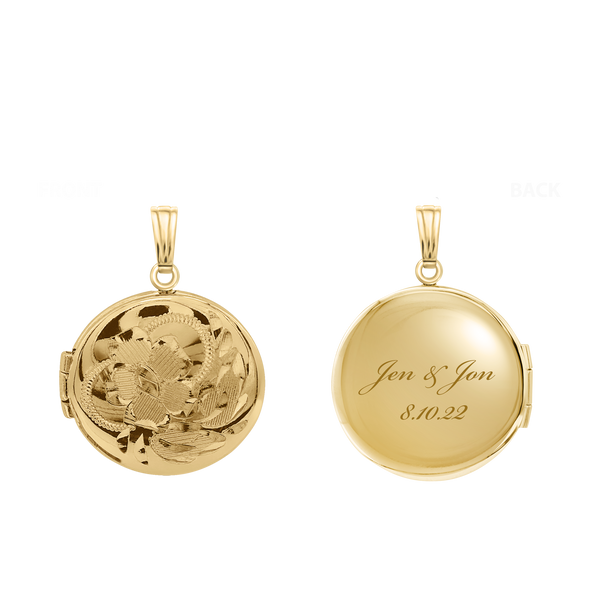 Hand Engraved Design Round Locket in 14K Gold Filled with Optional Engraving (13 mm)