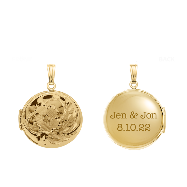 Hand Engraved Design Round Locket in 14K Gold Filled with Optional Engraving (13 mm)