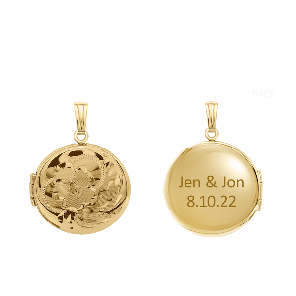 Hand Engraved Design Round Locket in 14K Gold Filled with Optional Engraving (13 mm)
