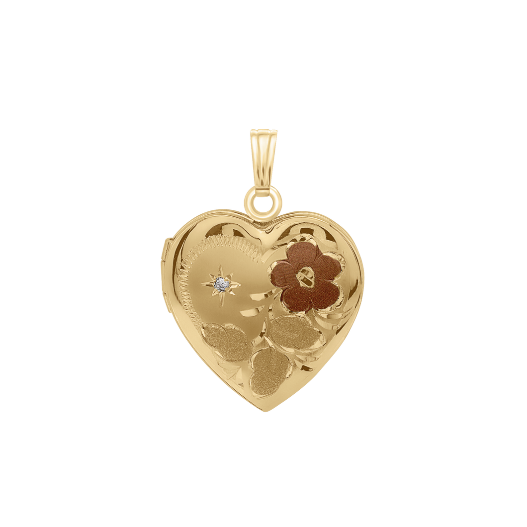 ITI NYC Tri-Color & Hand Engraved Design Heart Locket with Diamonds in 14K Gold Filled with Optional Engraving (28 x 19 mm)