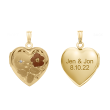 Load image into Gallery viewer, ITI NYC Tri-Color &amp; Hand Engraved Design Heart Locket with Diamonds in 14K Gold Filled with Optional Engraving (28 x 19 mm)
