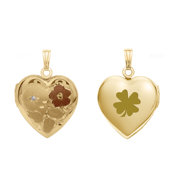 Tri-Color & Hand Engraved Design Heart Locket with Diamonds in 14K Gold Filled with Optional Engraving (19 mm)