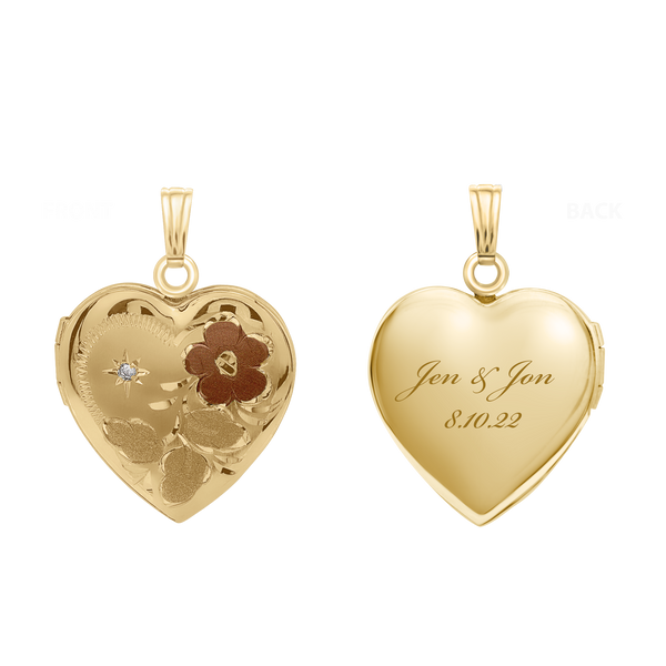 Tri-Color & Hand Engraved Design Heart Locket with Diamonds in 14K Gold Filled with Optional Engraving (19 mm)