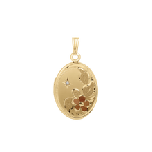 Load image into Gallery viewer, ITI NYC Tri-Color &amp; Hand Engraved Design Oval Locket with Diamonds in 14K Gold Filled with Optional Engraving (30 x 16 mm)
