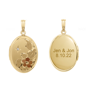 ITI NYC Tri-Color & Hand Engraved Design Oval Locket with Diamonds in 14K Gold Filled with Optional Engraving (30 x 16 mm)