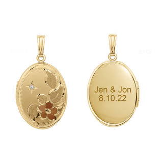 ITI NYC Tri-Color & Hand Engraved Design Oval Locket with Diamonds in 14K Gold Filled with Optional Engraving (30 x 16 mm)