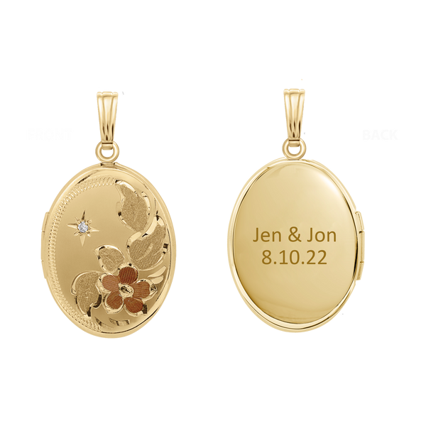 Tri-Color & Hand Engraved Design Oval Locket with Diamonds in 14K Gold Filled with Optional Engraving (21 x 16 mm)