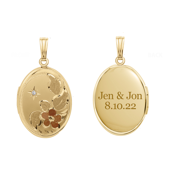 Tri-Color & Hand Engraved Design Oval Locket with Diamonds in 14K Gold Filled with Optional Engraving (21 x 16 mm)