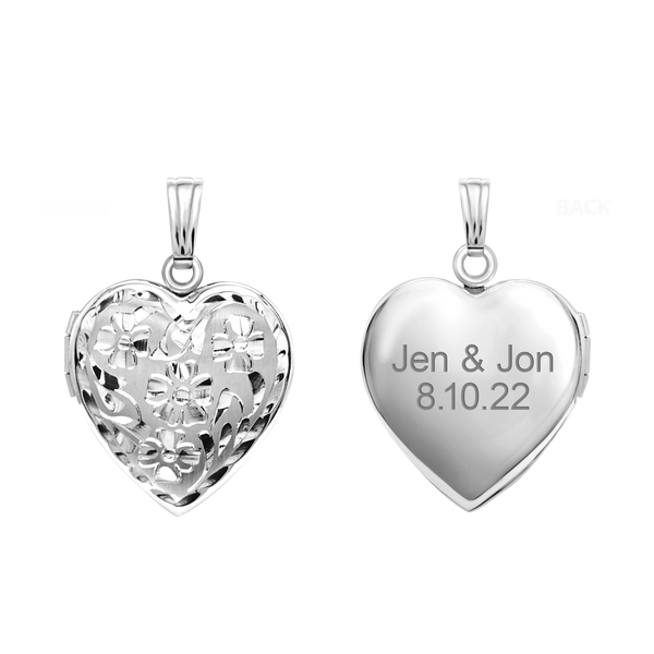 Hand Engraved Design Heart Locket in Sterling Silver with Optional Engraving (19 mm)