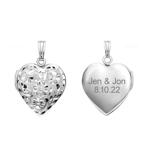 ITI NYC Hand Engraved Design Heart Locket in Sterling Silver with Optional Engraving (28 x 15 mm)