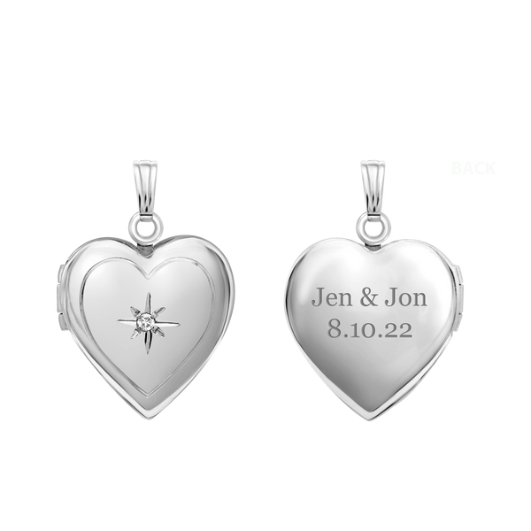 Heart Locket with Diamonds in Sterling Silver with Optional Engraving (15 mm)