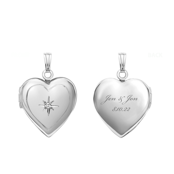 Heart Locket with Diamonds in Sterling Silver with Optional Engraving (15 mm)