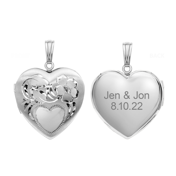 ITI NYC Hand Engraved Design Heart Locket in Sterling Silver with Optional Engraving (31 x 22 mm)