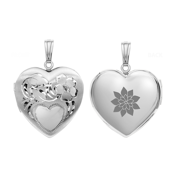 Hand Engraved Design Heart Locket in Sterling Silver with Optional Engraving (20 mm)