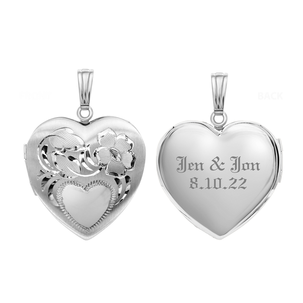 ITI NYC Hand Engraved Design Heart Locket in Sterling Silver with Optional Engraving (31 x 22 mm)
